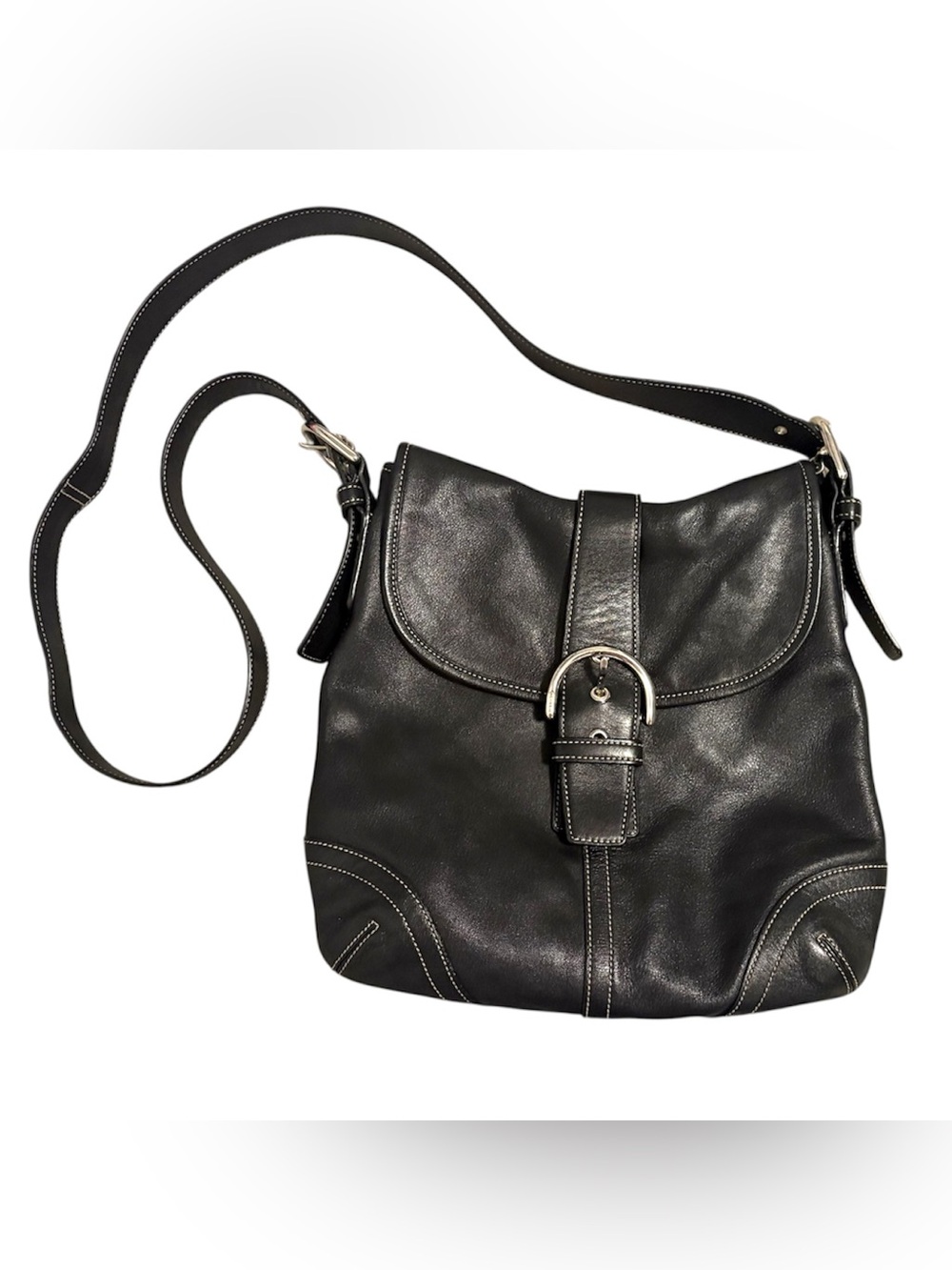 Coach Vintage Black Leather Crossbody with Silver Buckle